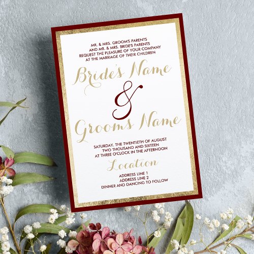 Elegant modern white gold burgundy border Wedding Invitation