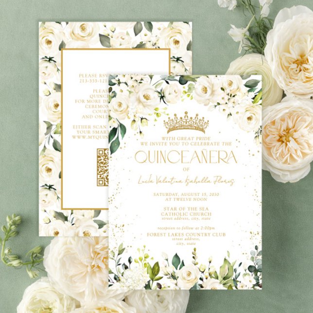 Elegant Modern White Gold Floral QR Quinceañera Invitation (Creator Uploaded)