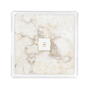 Elegant modern white gold marble pattern monogram acrylic tray