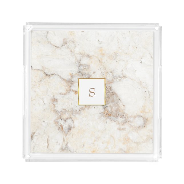 Elegant modern white gold marble pattern monogram acrylic tray (Front)