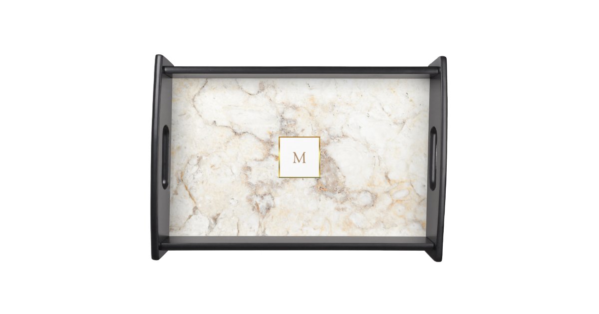 Elegant modern white gold marble pattern monogram serving tray Zazzle