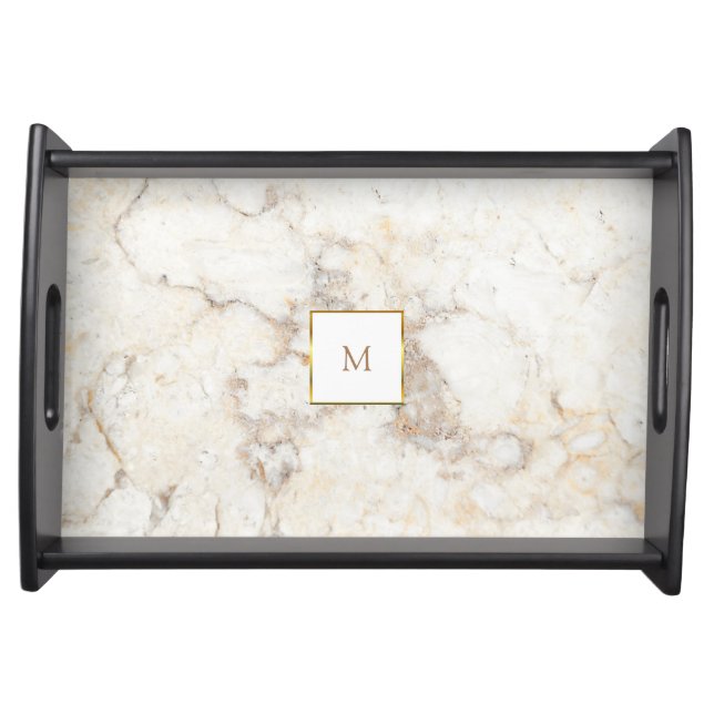 Elegant modern white gold marble pattern monogram serving tray (Front)