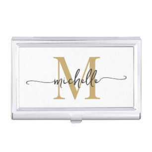 Elegant Modern White Gold Monogram Name Script Business Card Case