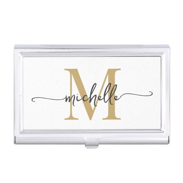 Elegant Modern White Gold Monogram Name Script Business Card Case (Front)