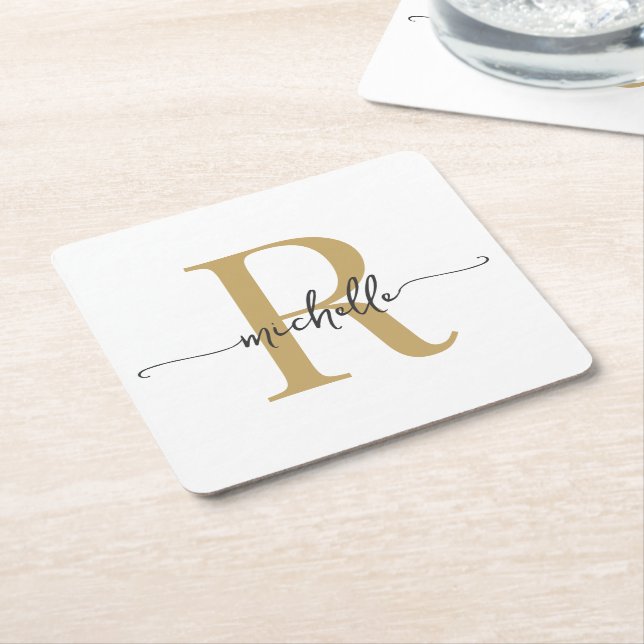 Elegant Modern White Gold Monogram Name Script  Square Paper Coaster (Angled)