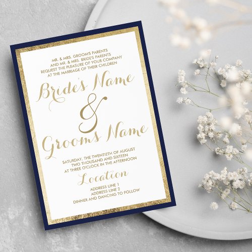 Elegant modern white gold navy blue border Wedding Invitation