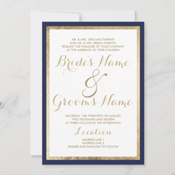 Elegant modern white gold navy blue border Wedding Invitation | Zazzle.com