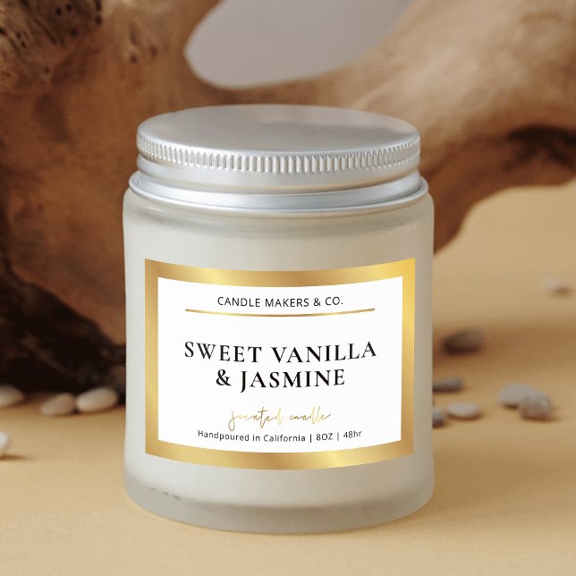 Elegant Modern White & Gold Packaging Candle Label (Trendy and chic gold foil effect rectangle candle labels)