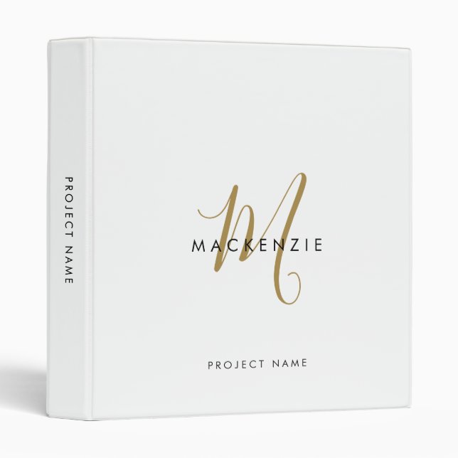 Elegant Modern White Gold Script Monogram 3 Ring Binder (Front/Spine)