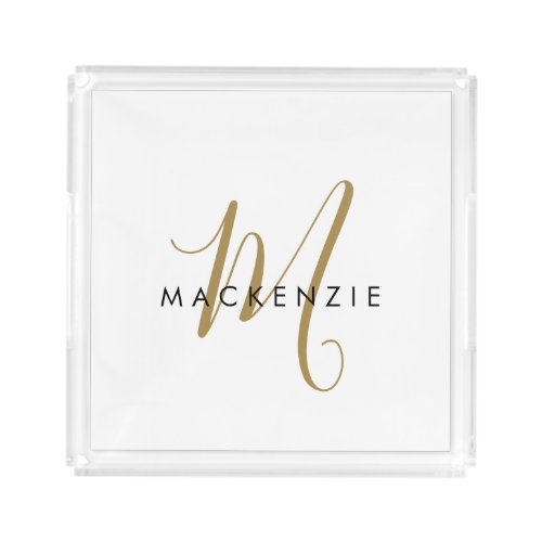 Elegant Modern White Gold Script Monogram Acrylic Tray