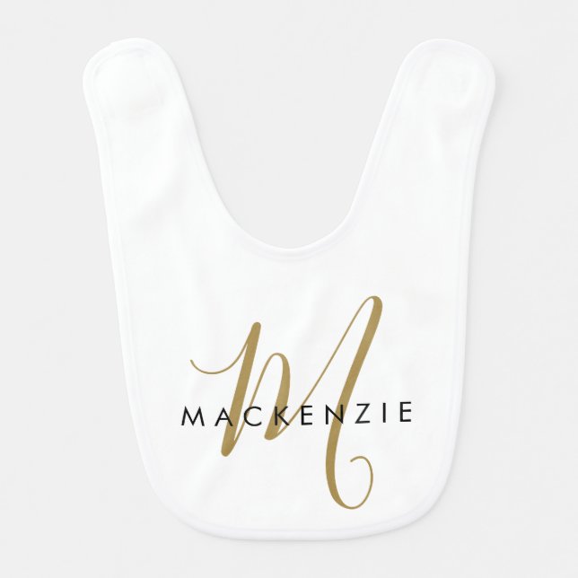Elegant Modern White Gold Script Monogram Baby Bib (Front)