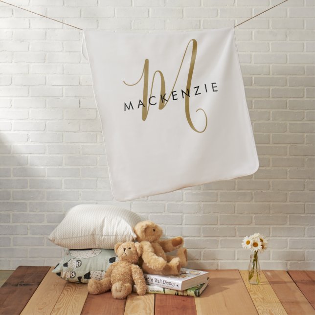 Elegant Modern White Gold Script Monogram Baby Blanket (In Situ)