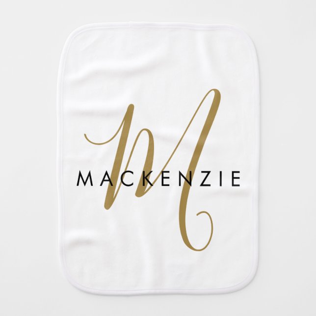 Elegant Modern White Gold Script Monogram Baby Burp Cloth (Front)
