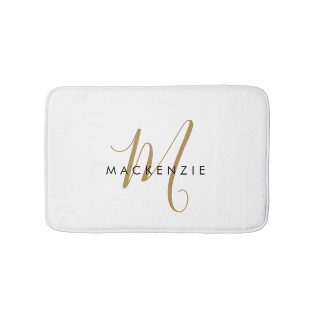 Elegant Modern White Gold Script Monogram Bath Mat (Front)