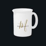 Elegant Modern White Gold Script Monogram Beverage Pitcher<br><div class="desc">Elegant Modern White Gold Script Monogram pitcher.  An elegant gold script monogram combined with a clean black san-serif font makes for a contemporary look.</div>