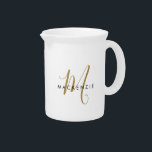 Elegant Modern White Gold Script Monogram Beverage Pitcher<br><div class="desc">Elegant Modern White Gold Script Monogram pitcher.  An elegant gold script monogram combined with a clean black san-serif font makes for a contemporary look.</div>