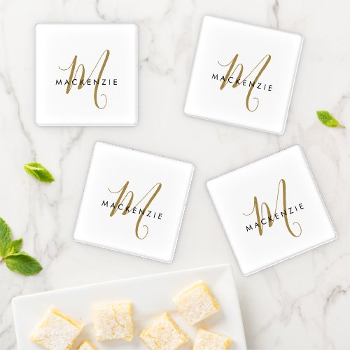 Elegant Modern White Gold Script Monogram Coaster Set