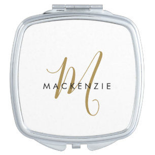 Elegant Modern White Gold Script Monogram Compact Mirror