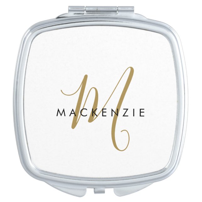Elegant Modern White Gold Script Monogram Compact Mirror (Front)