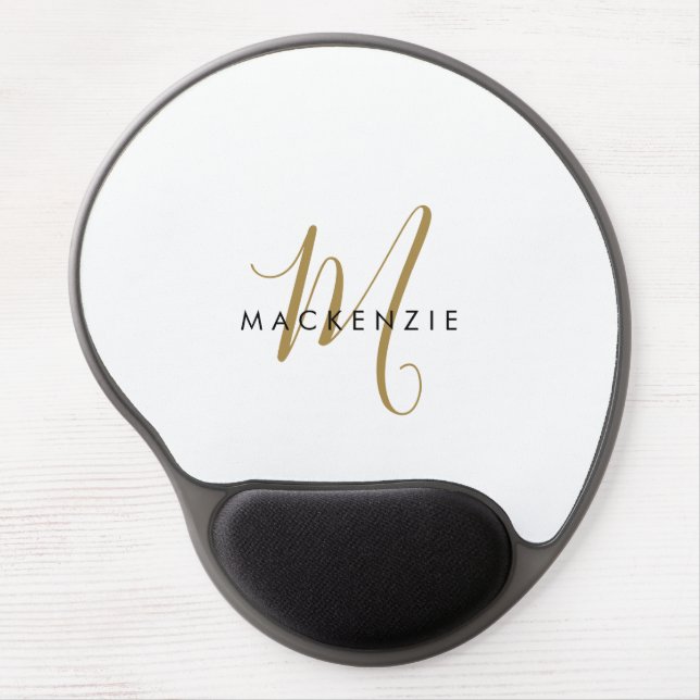 Elegant Modern White Gold Script Monogram Gel Mouse Pad (Front)
