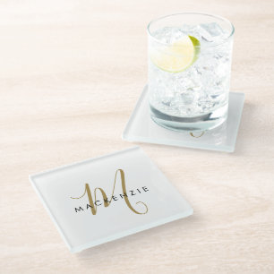 Elegant Modern White Gold Script Monogram Glass Coaster