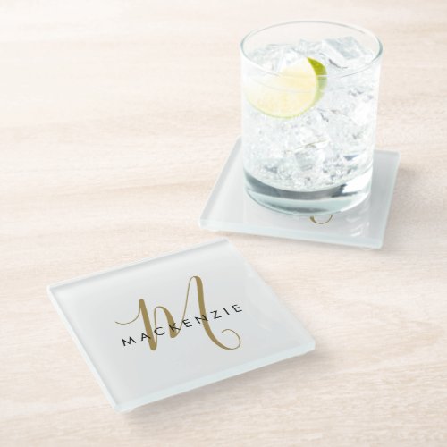 Elegant Modern White Gold Script Monogram Glass Coaster