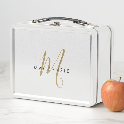 Elegant Modern White Gold Script Monogram Metal Lunch Box
