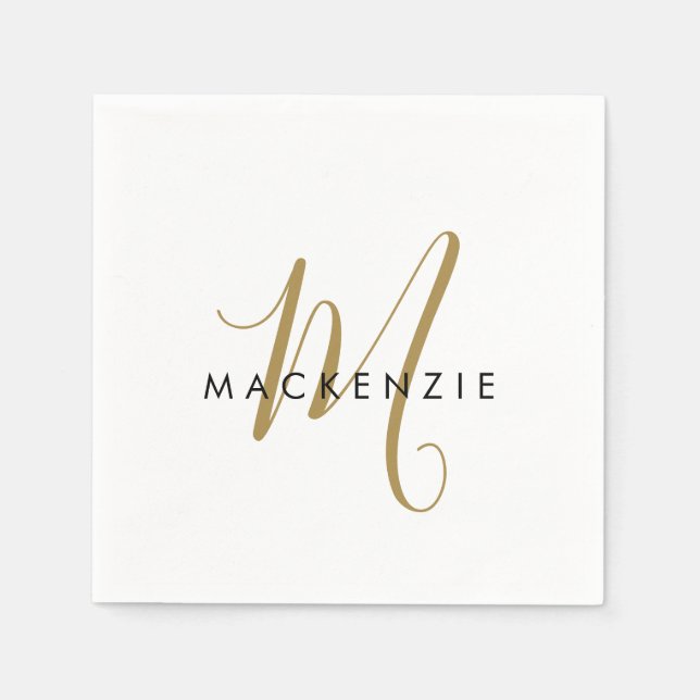 Elegant Modern White Gold Script Monogram Napkins (Front)