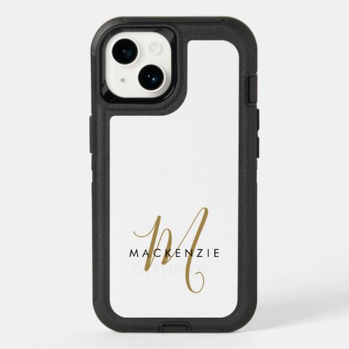 Elegant Modern White Gold Script Monogram OtterBox iPhone 14 Case