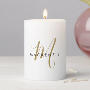 Elegant Modern White Gold Script Monogram Pillar Candle