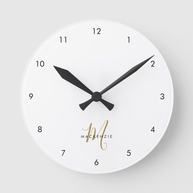 Elegant Modern White Gold Script Monogram Round Clock (Front)