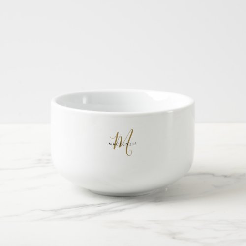 Elegant Modern White Gold Script Monogram Soup Mug