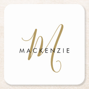 Elegant Modern White Gold Script Monogram Square Paper Coaster