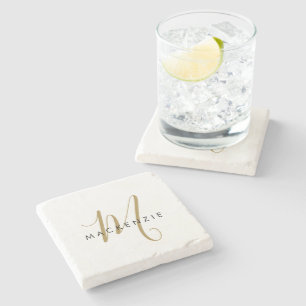 Elegant Modern White Gold Script Monogram Stone Coaster