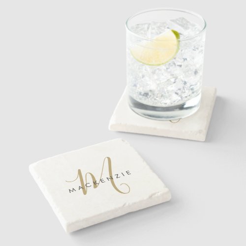 Elegant Modern White Gold Script Monogram Stone Coaster