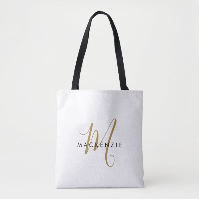 Elegant Modern White Gold Script Monogram Tote Bag (Front)