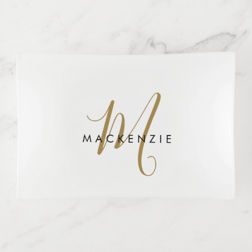 Elegant Modern White Gold Script Monogram Trinket Tray