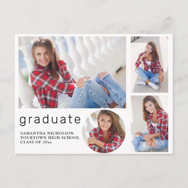 Elegant Modern White Graduation 4 Photo Collage Invitation Postcard (Front)