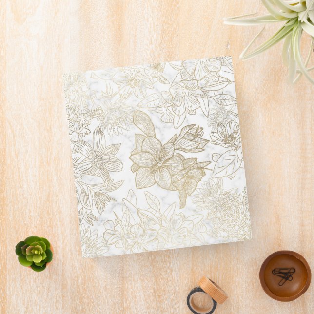 Elegant modern white gray gold marble floral 3 ring binder (In Situ)