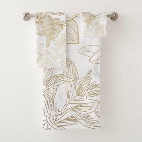 Elegant modern white gray gold marble floral bath towel set