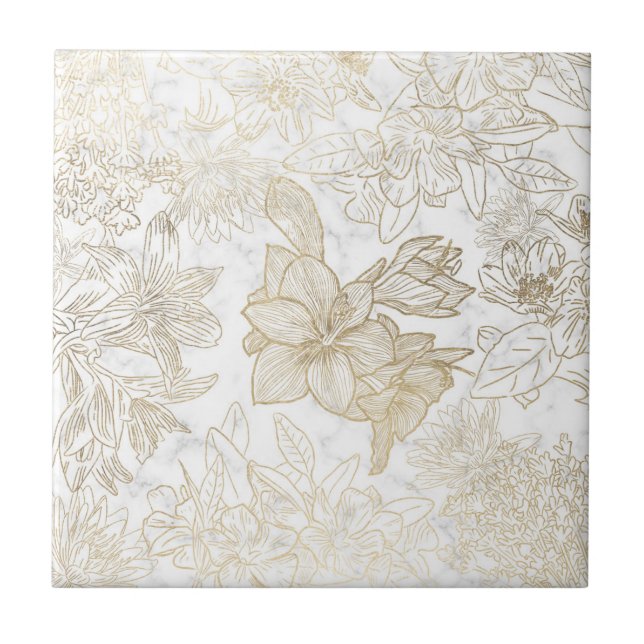 Elegant modern white gray gold marble floral ceramic tile (Front)
