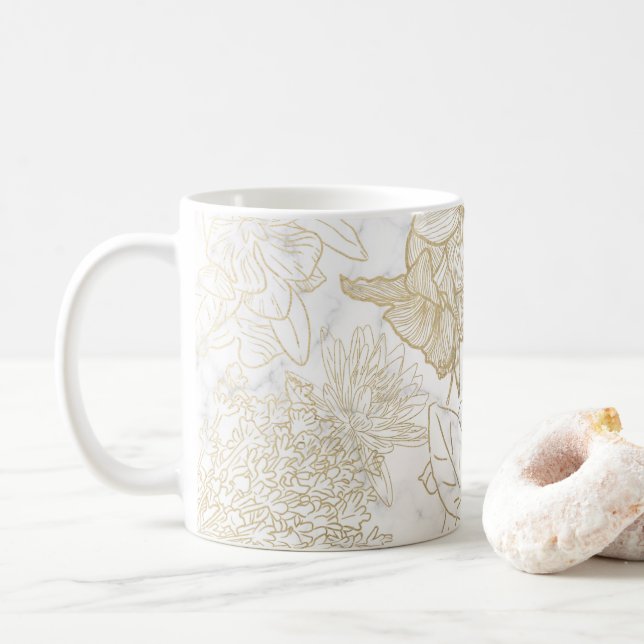Elegant modern white gray gold marble floral coffee mug (With Donut)