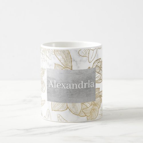 Elegant modern white gray gold marble floral coffee mug