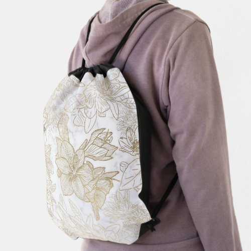 Elegant modern white gray gold marble floral drawstring bag