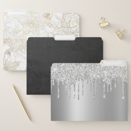 Elegant modern white gray gold marble floral file folder