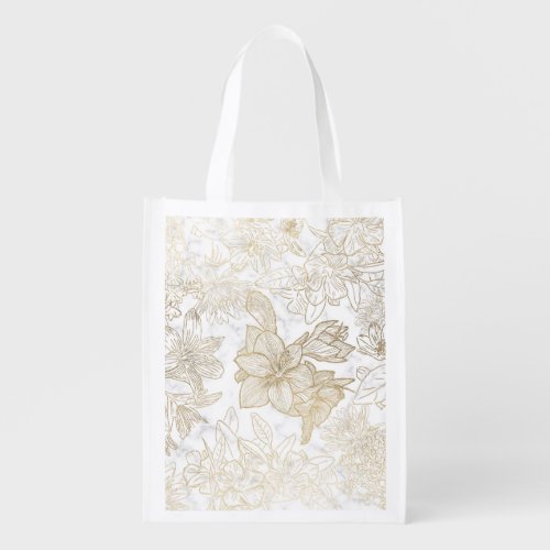 Elegant modern white gray gold marble floral grocery bag