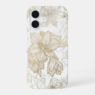 Elegant modern white gray gold marble floral iPhone 16 case