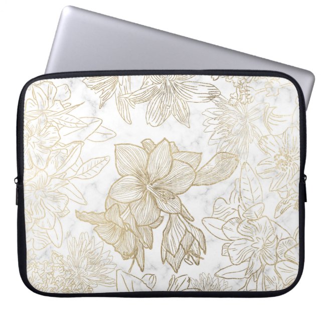 Elegant modern white gray gold marble floral laptop sleeve (Front)
