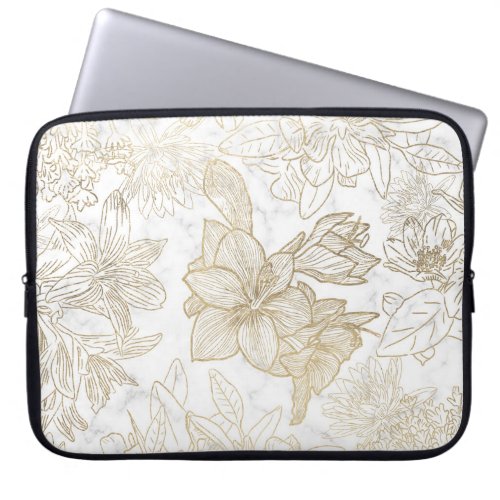 Elegant modern white gray gold marble floral laptop sleeve