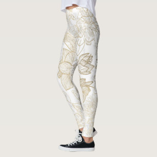 Elegant modern white gray gold marble floral leggings
